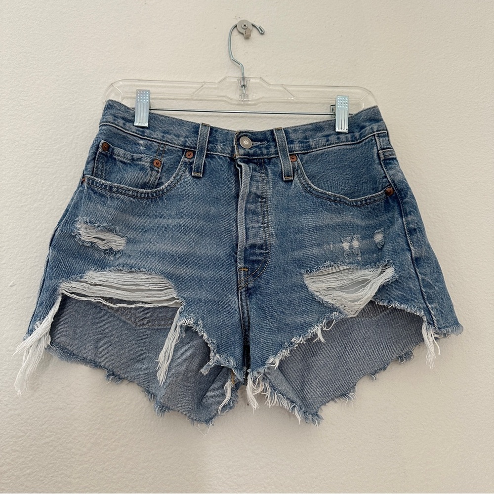 Levi’s 501 Distressed Mid Rise Raw Hem Denim Shorts
